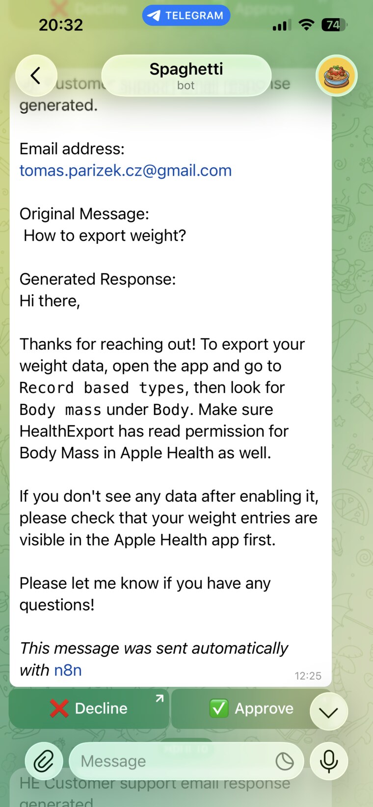 Telegram approval screen for accepting or rejecting an AI-generated support response