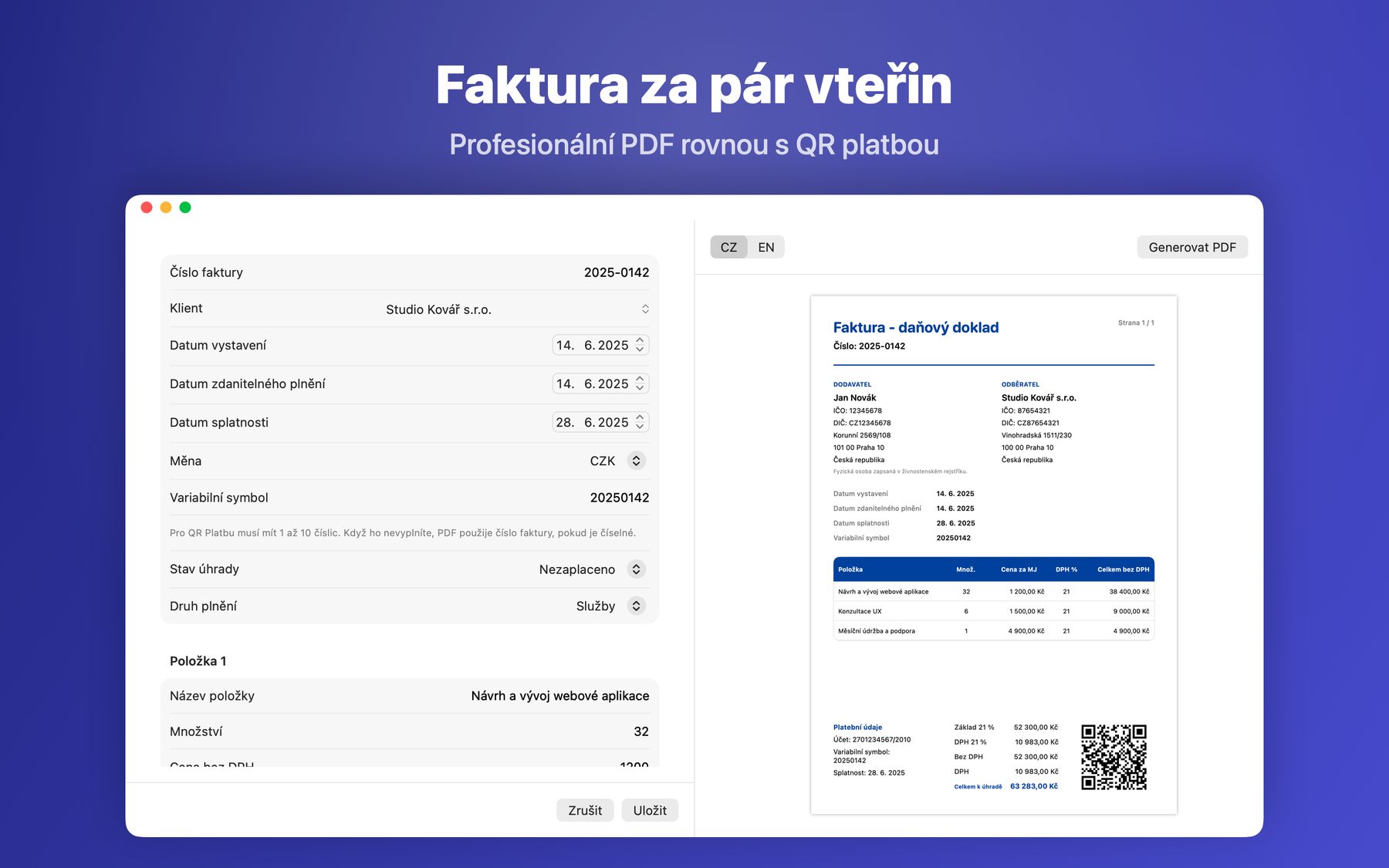 A finished App Store screenshot generated by the pipeline: the real Cifra invoice editor and a fully rendered invoice PDF side by side, inside a faux-macOS window on an indigo gradient with a Czech headline