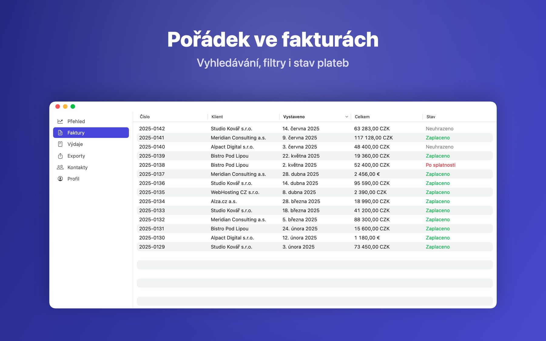 The Cifra invoices list screenshot: a populated table of invoices with columns for number, client, date, total, and payment status